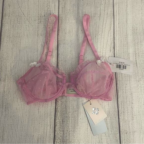 NWT SCARLETT GASQUE Women’s Pink Lace Sheer Polka Dot Bra Size 32B - Picture 4 of 9